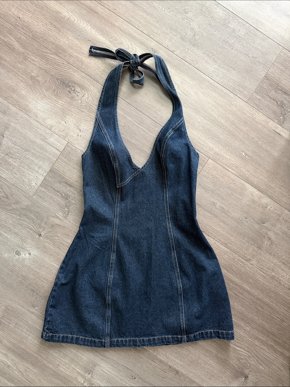 Say Goodnight Denim Halter Mini Dress Mid Wash